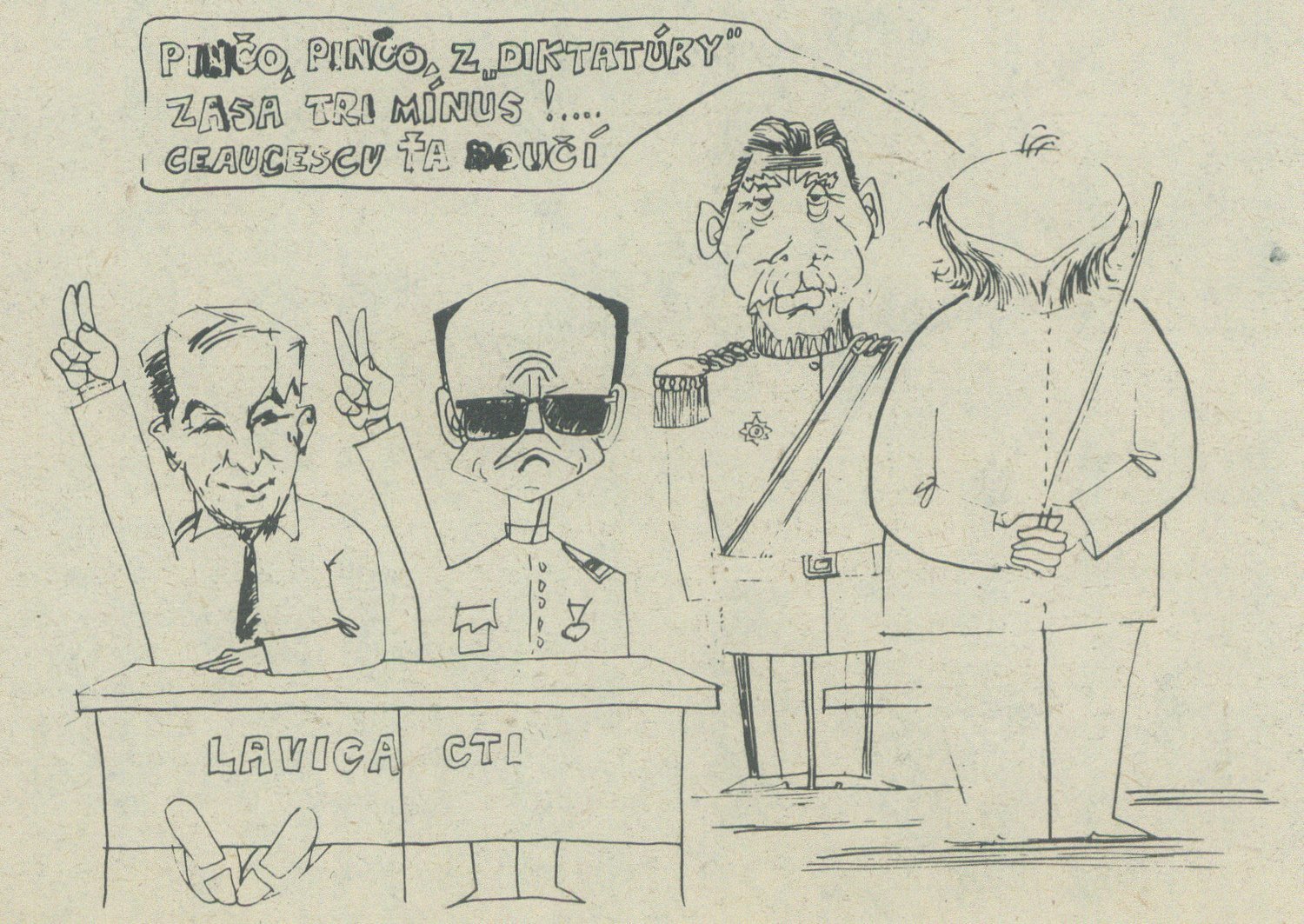Ceaucescu ťa doučí, karikatúra v časopise Zmena. 1990. Univerzitná knižnica v Bratislave